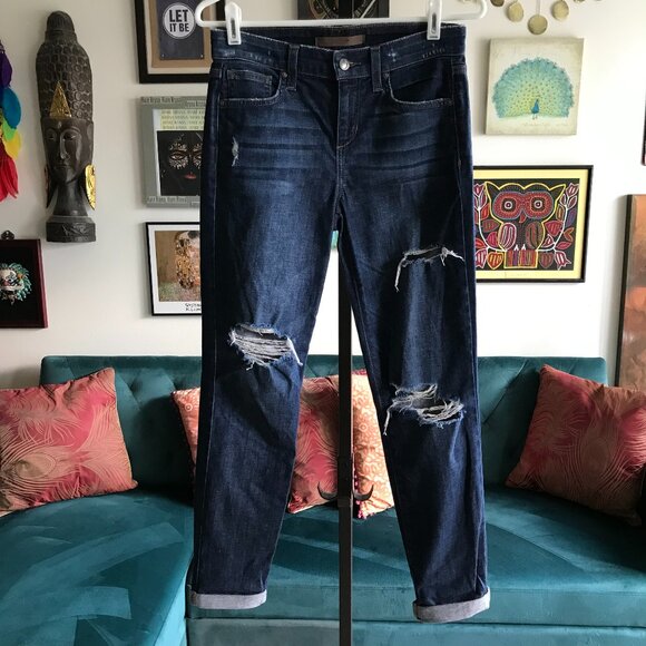 JOE'S size 25 Distressed Stretch Blue Denim Cuffed Straight Crop Jeans - Picture 1 of 6